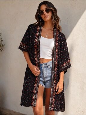 Women's Tantrums Black Tribal Open-Front Cardigan OS NEW